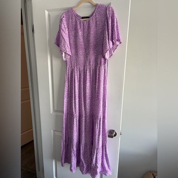 Zesica Dresses & Skirts - Purple Floral Smocked Dress with Ruffle Sleeves